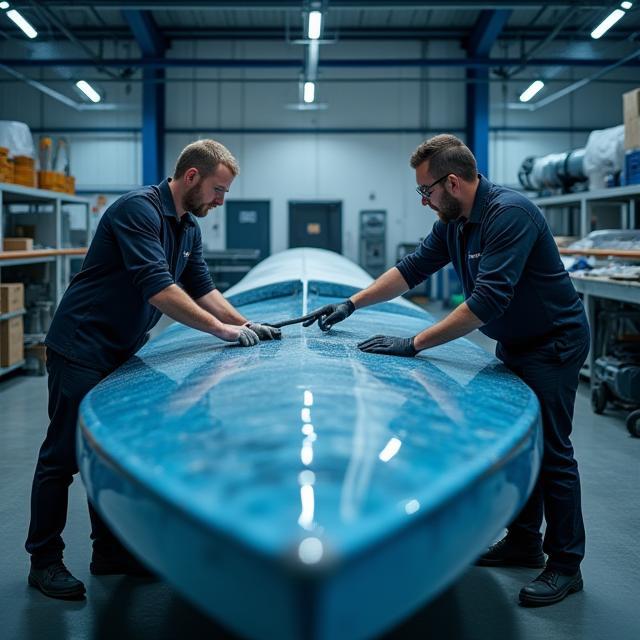 Engineers fabricating a composite yacht hull